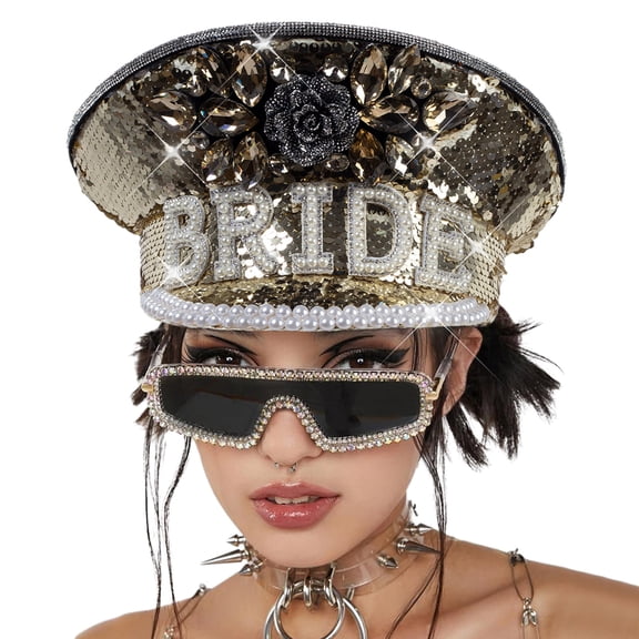 Sequins Bridal Cap for Wedding Fashion Flat Top Hat Cap Women Bride Fedora Hat Cool Rhinestones Captain Hat