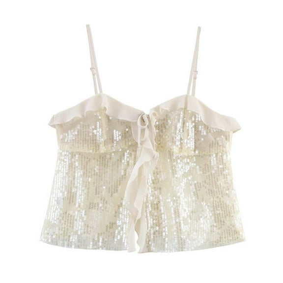Sequins Camisole Tops for Women Party Club Cropped Going Out Outfits Sleeveless Sparkly Shiny Cami Disco Blouses (M, Beige)