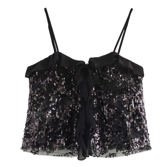 Sequins Camisole Tops for Women Party Club Cropped Going Out Outfits Sleeveless Sparkly Shiny Cami Disco Blouses (M, Black)