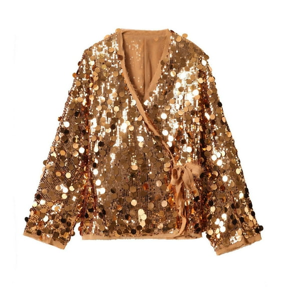 Sequins Cardigans Wraps for Women Dressy Shrugs V Neck Tie Front Sparkly Shinny Coat-New-Year Party Shimmer Jacket (L, Gold)