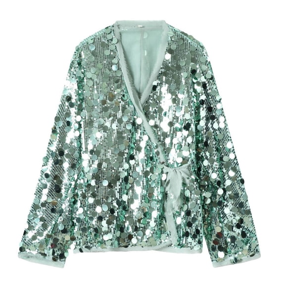 Sequins Cardigans Wraps for Women Dressy Shrugs V Neck Tie Front Sparkly Shinny Coat New Year Party Shimmer Jacket (M, Green)