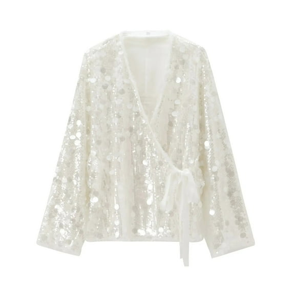 Sequins Cardigans Wraps for Women Dressy Shrugs V Neck Tie Front Sparkly Shinny Coat New Year Party Shimmer Jacket (XS, White)