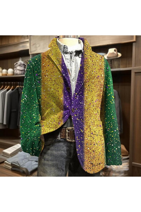Sequins Carnival Blazer for Men Lightweight Corduroy Mar-di Gras Casual Two Button Holiday Party Fit Jacket with Pockets