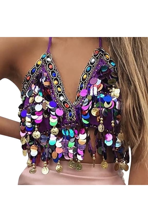 Sequins Colorful Wrap Belly Dance Bra Hanging Stage Performance Colorful Sequins Tops