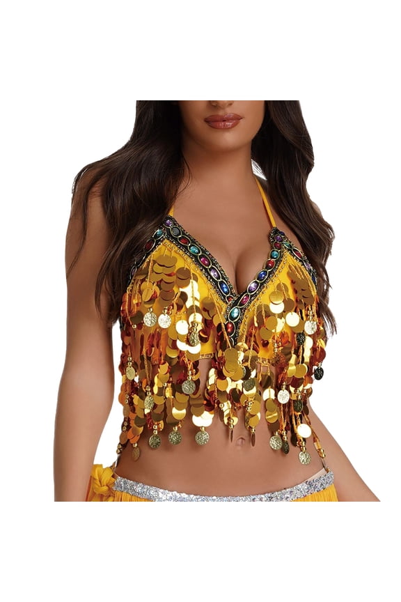 Sequins Colorful Wrap Belly Dance Bra Hanging Stage Performance Colorful Sequins Tops