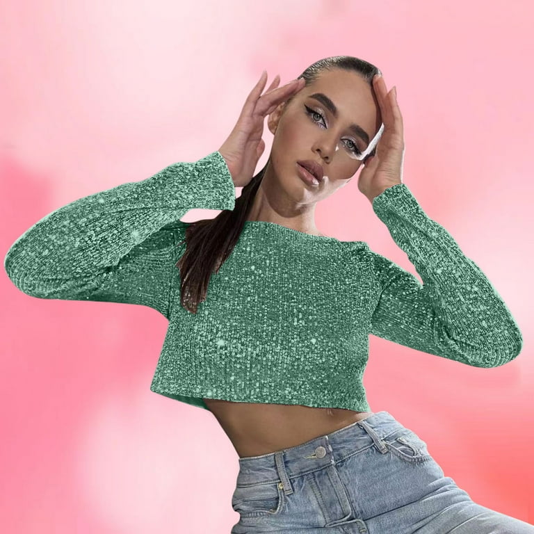 Sequins Crop Tops for Women Fashion Long Sleeve Crew Neck Short Sparkly Tee Shirt Party Club Wear Cropped Blouses Medium Mint Green Walmart