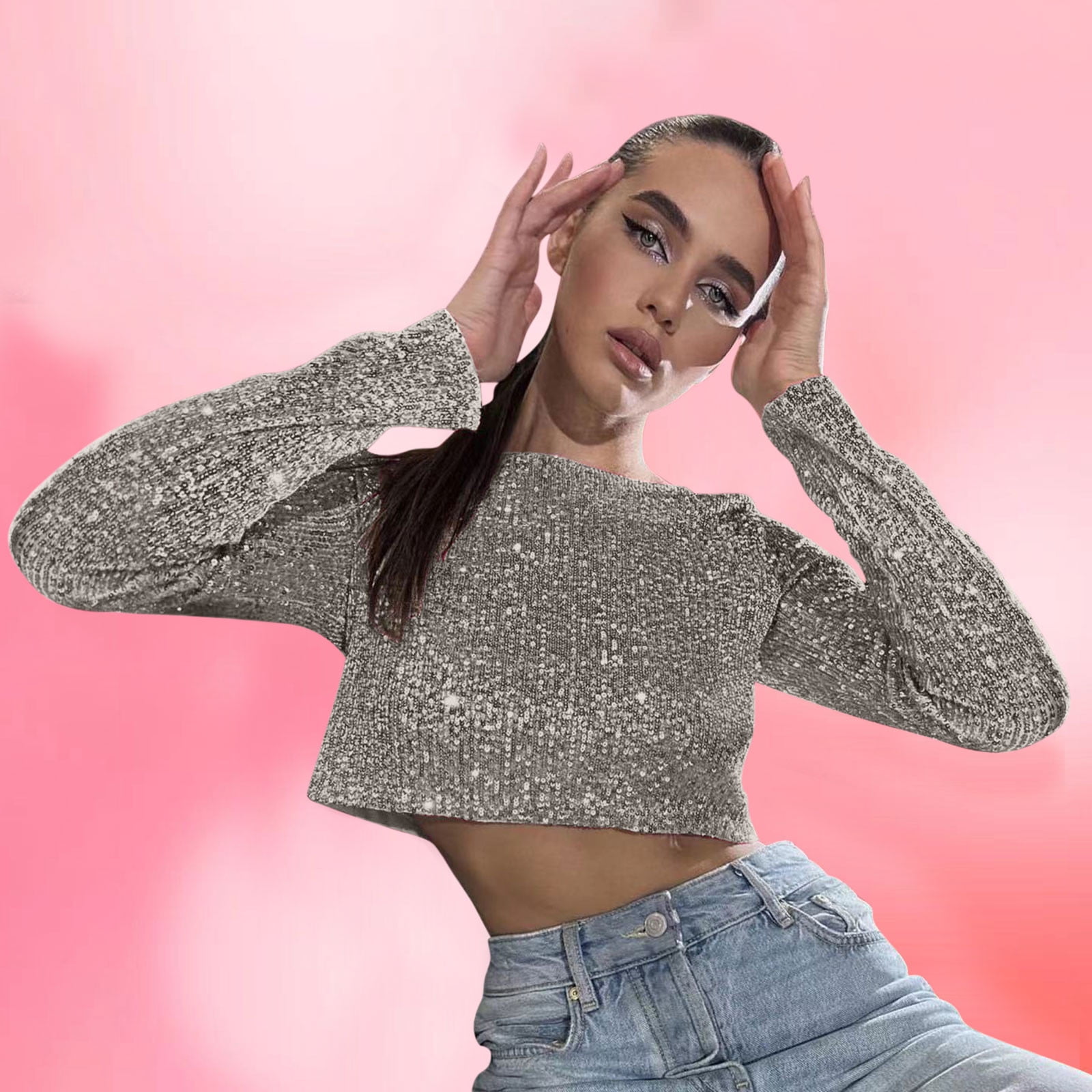 Sequins Crop Tops for Women Fashion Long Sleeve Crew Neck