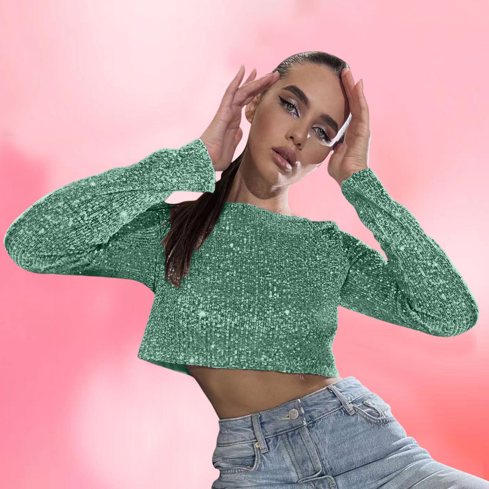 Sequins Crop Tops for Women Fashion Long Sleeve Crew Neck Short Sparkly Tee Shirt Party Club Wear Cropped Blouses X Large Mint Green Walmart