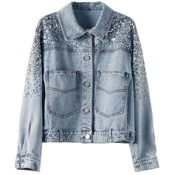 Sequins Denim Jackets for Women Lapel Collar Loose Long Sleeve Chic Streetwear Button Down Outerwear