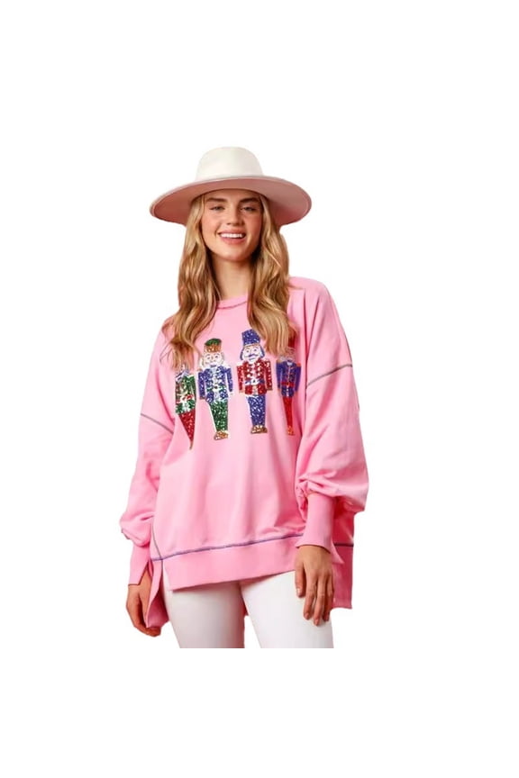 Sequins Embellished Long Sleeve Sweatshirt for Women Christmas Nutcrackers Shirt