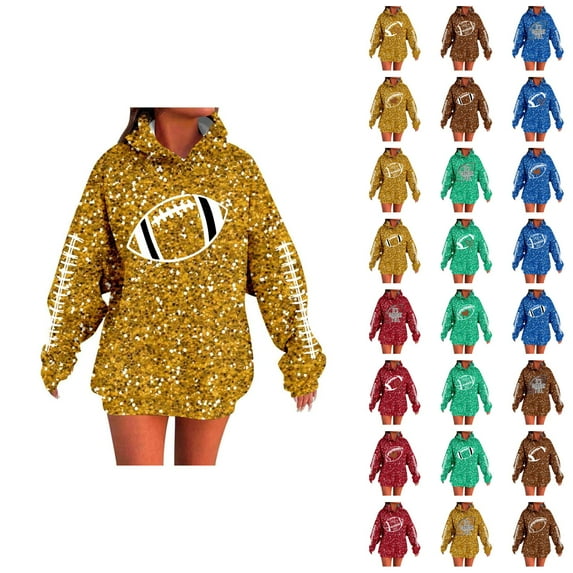 Sequins Football Hoodies for Women 2025 Fall Winter Glitter Sparkle Graphic Hooded Sweatshirt Y2K Pullover Tops