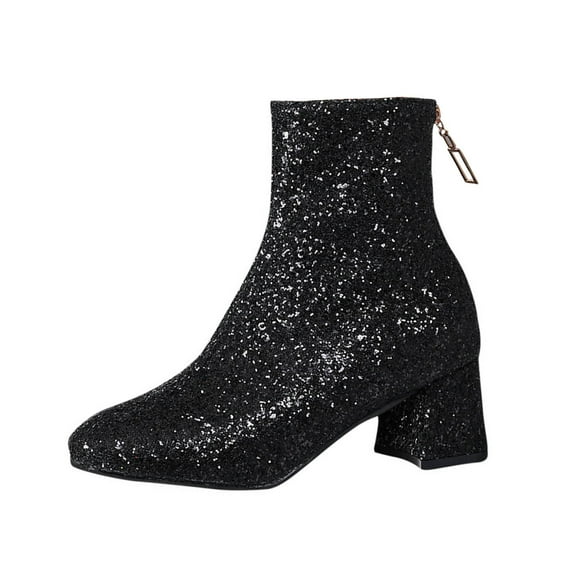 Sequins Glitter Chunky Heel Ankle Boots for Women Sparkly Booties Zipper Block Heeled Wedding Party Dress Shoes Black Women Sandal