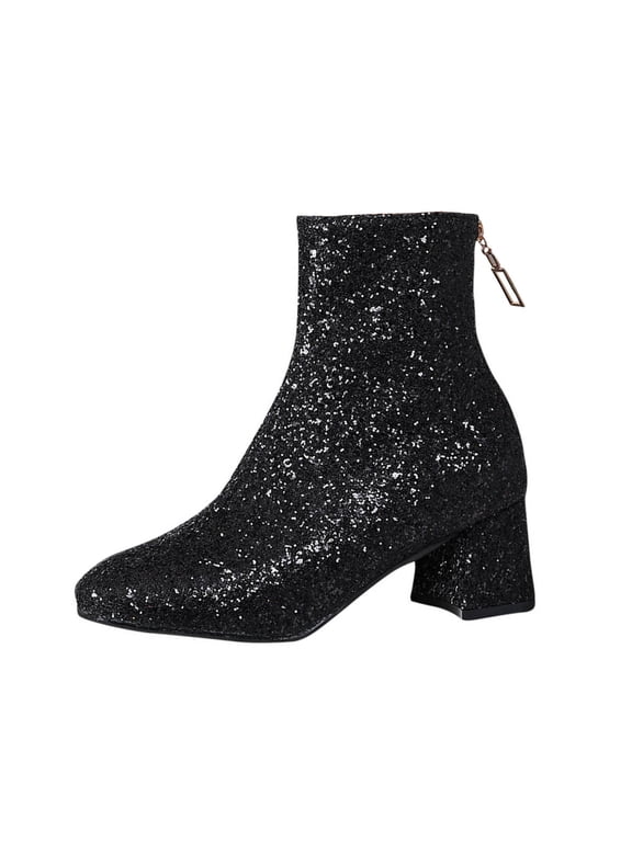 Chunky Heel Ankle Boots for Women Sparkly Booties Zipper Block Heeled Wedding Party Dress Shoes Black Women Sandal
