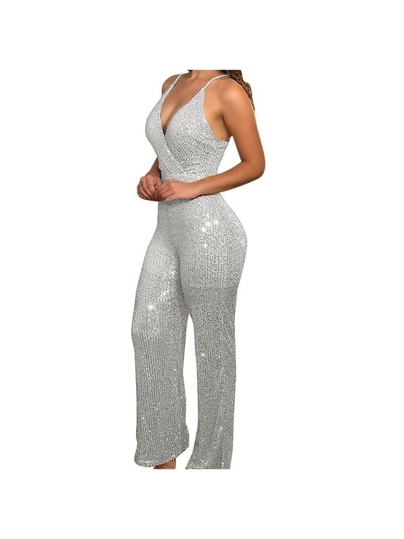 Sequins Jumpsuit For Women 2023 Wedding Guest, Women's Fashion Sleeveless Sequins Sexy Slim Fitting Suspender Playsuit Jumpsuit White L