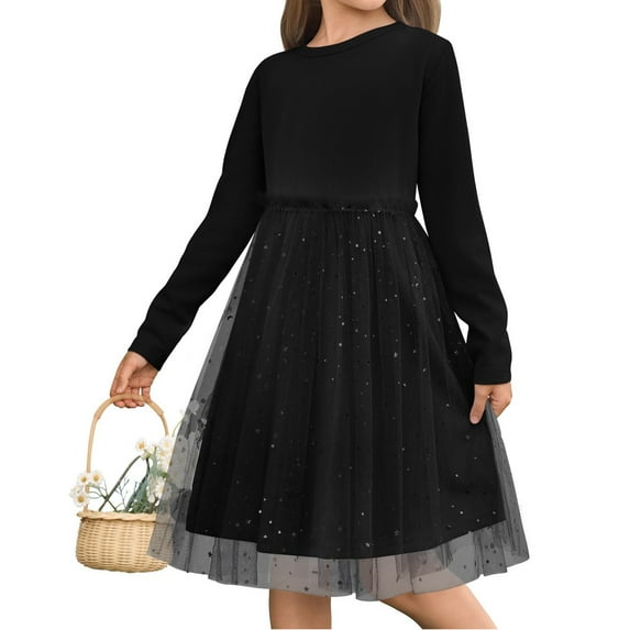 Sequins Patchowork Mesh Dress for Girls Long Sleeved Kids Children Casual Knee-length Dress for 5-14 Years