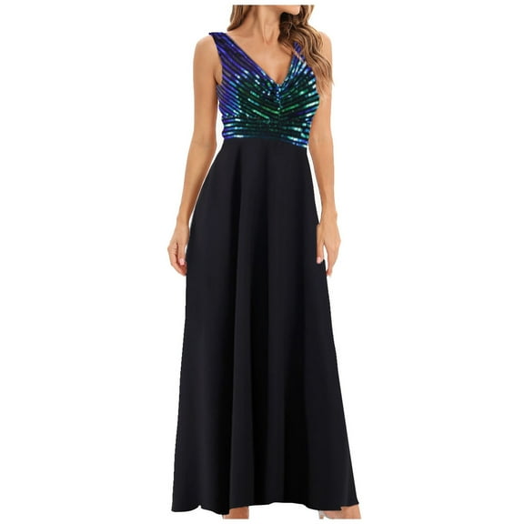 Sequins Patchwork Sleeveless Maxi Dresses for Women Deep V Neck Tunic Waist Mesh Midi Dress Women Solid Cocktail Dress