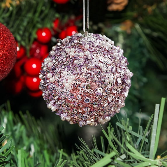 Sequins Pearl Embellished Foam Christmas Ball Ornament, 3.15 Inch Lightweight Shatterproof Hanging Bauble, 5 Vibrant Color Options for Textured Glam Xmas Tree Indoor Home Holiday Decor