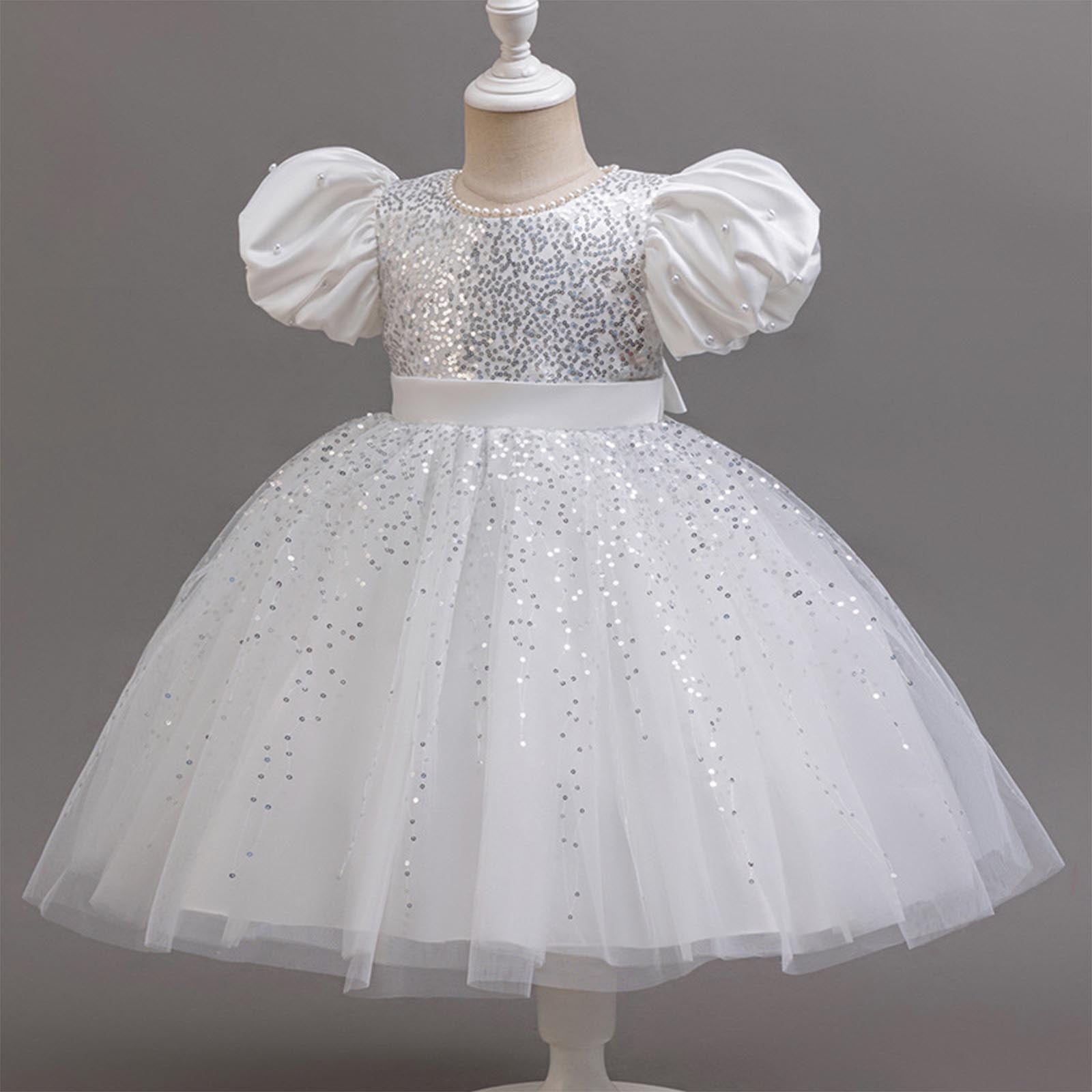 Sequins Prom Dresses for Girls Size 2-10 Toddlers Kids Formal Short Puffed Sleeve A-Line Solid Flower Girls Birthday Party Dress