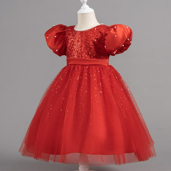 Sequins Prom Dresses for Girls Size 2-10 Toddlers Kids Formal Short Puffed Sleeve A-Line Solid Flower Girls Birthday Party Dress