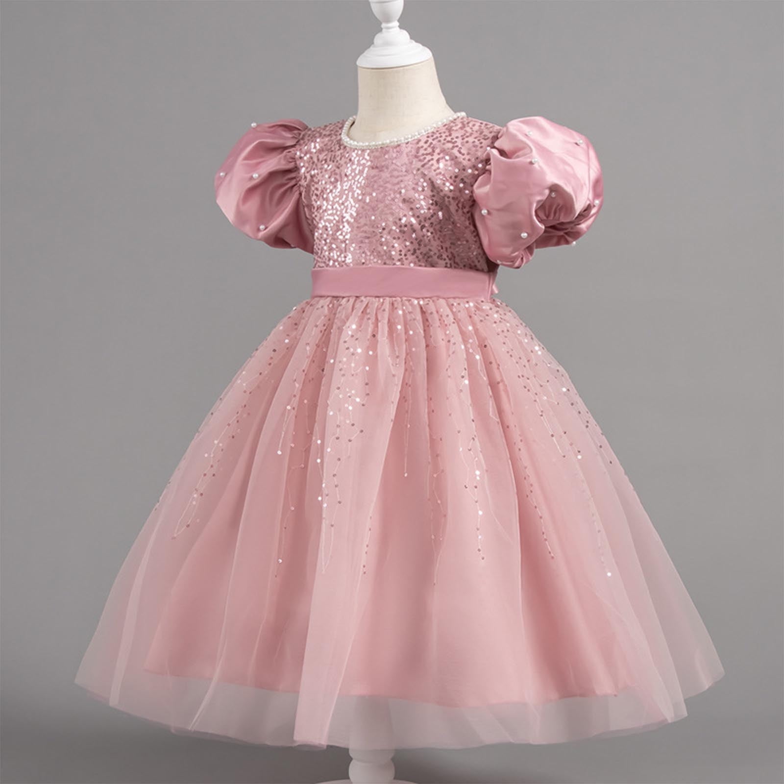 Sequins Prom Dresses for Girls Size 2-10 Toddlers Kids Formal Short Puffed Sleeve A-Line Solid Flower Girls Birthday Party Dress