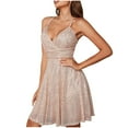 thumbnail image 1 of Sequins Prom Dresses for Women Sleeveless Wrap V Neck Trendy Cocktail Wedding Formal Mini Dress Khaki,M, 1 of 7