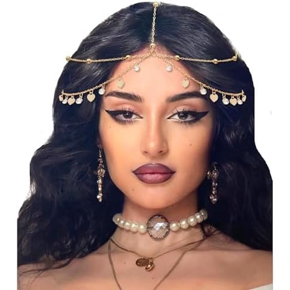 Sequins Rhinestone Chain Halloween Prom Headpiece for Women Goddess Headpiece Headband Egyptian Hair Chain Bridal Layered Festival Outfits Accessories