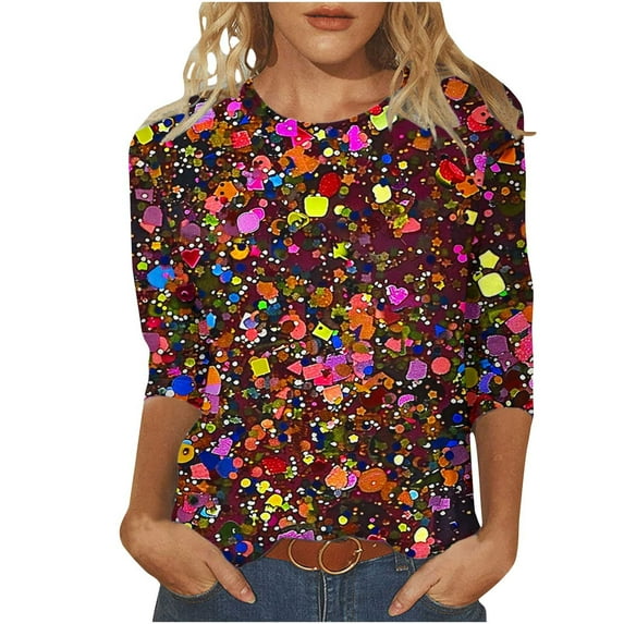 Sequins Shirts Tops for Womens Fashion Outfits 2025 Dressy Casual 3/4 Sleeve Tshirts Crewneck Tunic