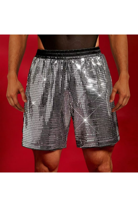 Sequins Shorts for Men with Pockets Lightweight Sparkly Straight Wide Leg Elastic Waist Solid Color Shiny Loose Nightclub Party Short