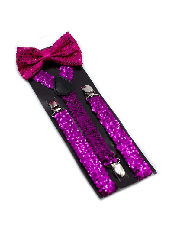 Sequins Straps with Bow Set Stage Performance Adjustable Elastic Back Suspender Belt for Dancing Accessories Hot Pink One Size