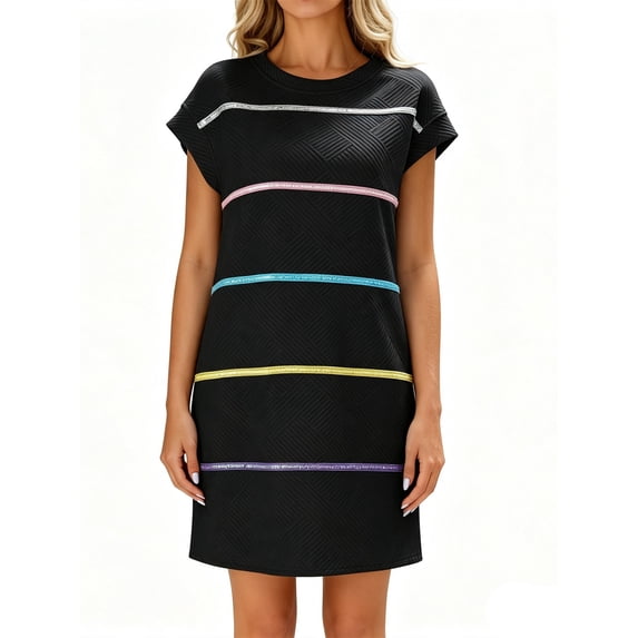 Sequins Striped Print Cap Sleeve Women Mini Shirt Dress with Pocket