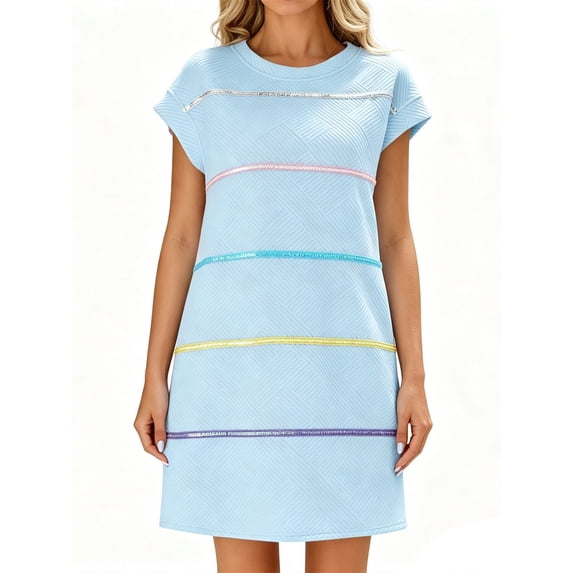 Sequins Striped Print Cap Sleeve Women Mini Shirt Dress with Pocket