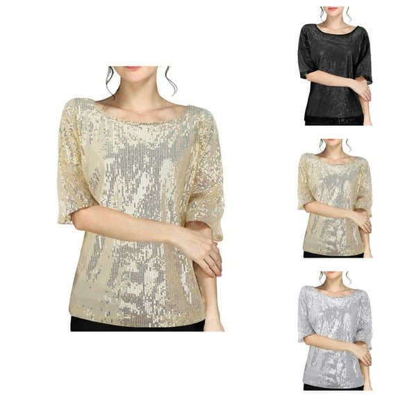 Sequins T Shirts for Women 2025 Short Sleeve Crewneck Glitter Loose Fit Casual Tee Shirt Clubwear Womens T Shirts