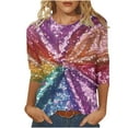 thumbnail image 1 of Sequins T Shirts for Womens 3/4 Length Sleeve Tops Glitter Printed Pullover Crewneck Tunic Tops Tee, 1 of 5
