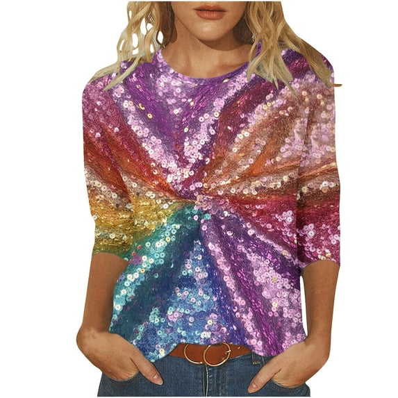 Sequins T Shirts for Womens 3/4 Length Sleeve Tops Glitter Printed Pullover Crewneck Tunic Tops Tee