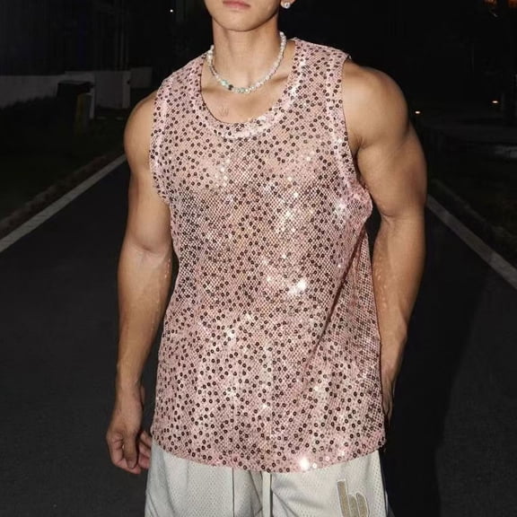 Sequins Tank Tops for Men Trendy Sparkly Sleeveless Crewneck Shirts Lightweight Pullover Solid Color Shiny Nightclub Party Undershirts Tees