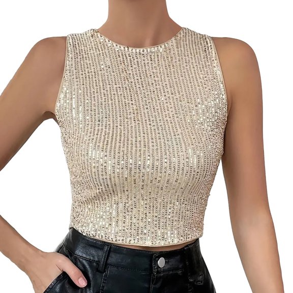 Sequins Tank Tops for Women Sleeveless Beige Sparkly Shirt Shiny Tops Disco Outfit Ladies Holiday Tops