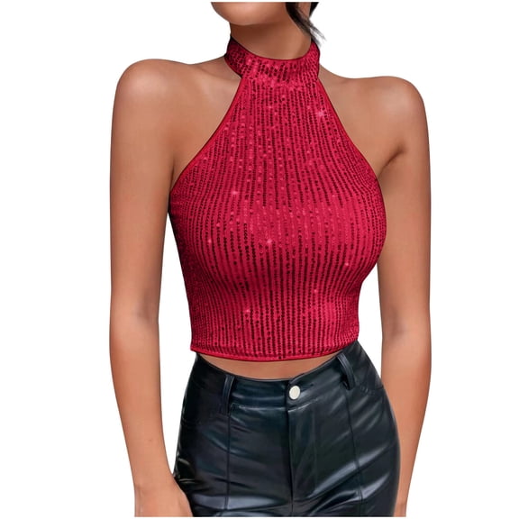 Sequins Tank Tops for Women Sleeveless Halter Neck Slim Fit Vintage Cropped Tops Red,M