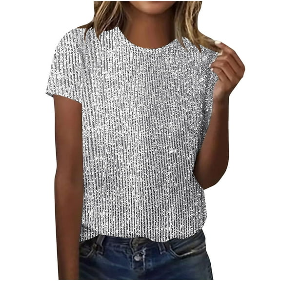 Sequins Tops Short Sleeve for Women Party Outfits Clubwear Christmas Shirts Crew Neck Loose Fit Sparkly Blouse (2XL, White)