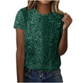 thumbnail image 1 of Sequins Tops Short Sleeve for Women Party Outfits Clubwear Christmas Shirts Crew Neck Loose Fit Sparkly Blouse (M, Army Green), 1 of 6