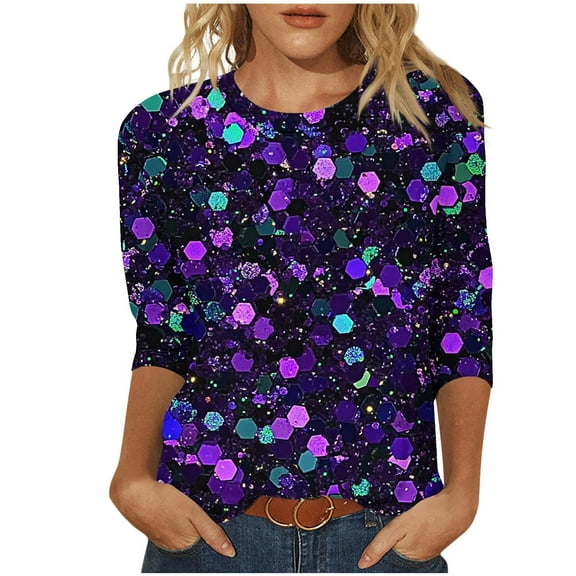 Sequins Tops Womens Fashion 3/4 Sleeve Tshirts Plus Size BlingBling Print Crewneck Tees Casual Top