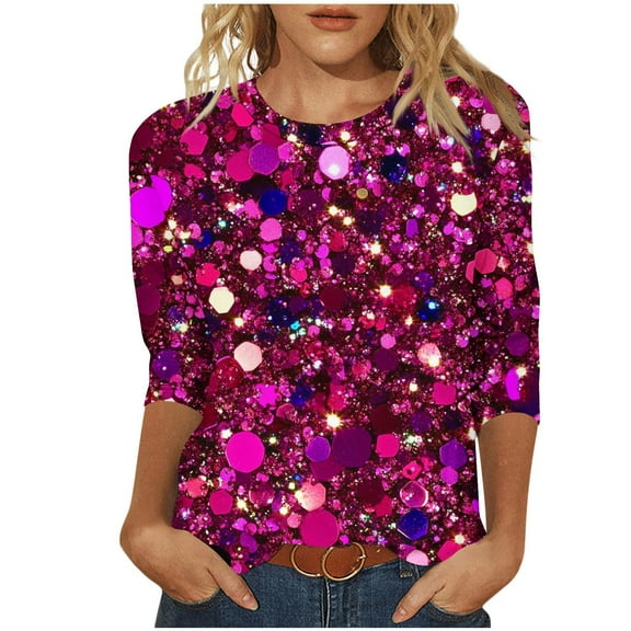 Sequins Tops Womens Fashion 3/4 Sleeve Tshirts Plus Size BlingBling Print Crewneck Tees Casual Top