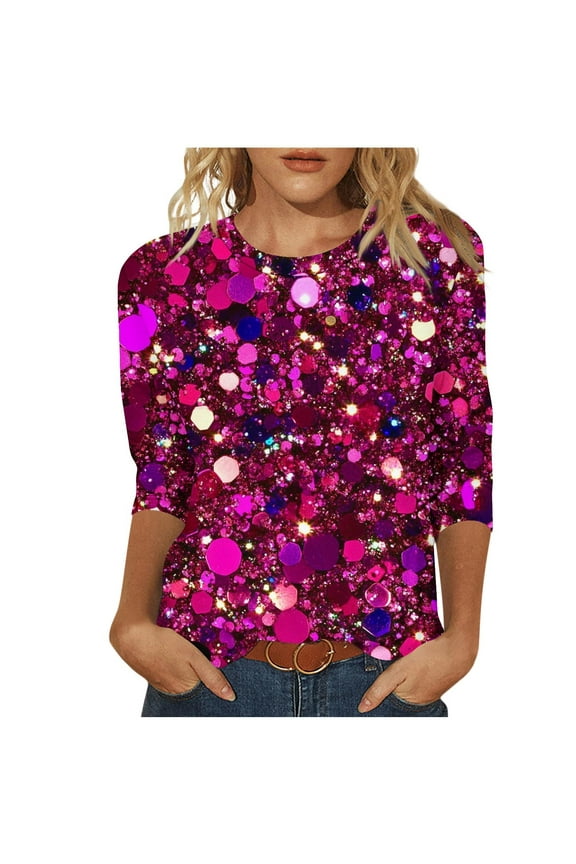 Sequins Tops Womens Fashion 3/4 Sleeve Tshirts Plus Size BlingBling Print Crewneck Tees Casual Top