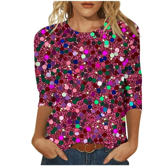 Sequins Tops Womens Fashion 3/4 Sleeve Tshirts Plus Size BlingBling Print Crewneck Tees Casual Top
