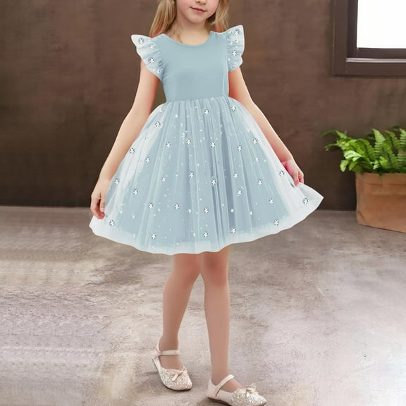 Sequins Tutu-Dresses for Girls 2025 Size 3-10 Toddlers Kids Cute Layered-Tulle Cap Sleeve Crewneck Solid A-Line Birthday Mini Dress