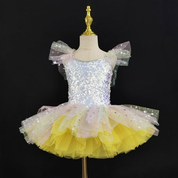 Sequins Tutu-Dresses for Teen Girls Ballet Dance Costumes Size 1-14 Kids Trendy Shiny A-Line Ruffle Sleeve Layered-Tulle Performance Dress
