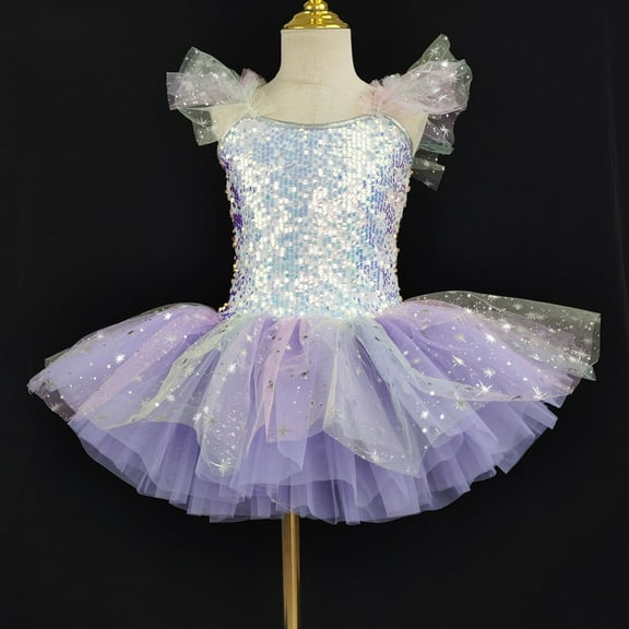Sequins Tutu-Dresses for Teen Girls Ballet Dance Costumes Size 1-14 Kids Trendy Shiny A-Line Ruffle Sleeve Layered-Tulle Performance Dress