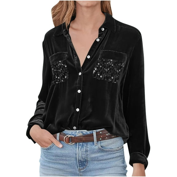 Sequins Velvet Tops Womens Dressy Casual Button Down Blouse Long Sleeve Lapel Collar Elegant Shirts with Pocket (2XL, Black)
