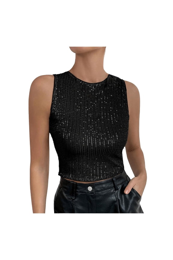 Sequins Womens Sleeveless Tops Casual Fitness Clothing Sparkly Cotton Cute Clothes Glitter Women Blouses Black