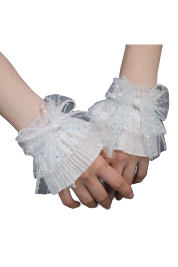Sequins Wrist Cuffs Detachable Elegant Wristband Flared Tulle Ruffled False Bowknot Cuffs Sweater Wristband