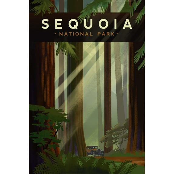 Sequoia National Park, California, Redwood Forest, Geometric Lithograph (12x18 Wall Art Poster, Room Decor)